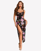 Black floral lace mesh chemise with sweetheart neckline and side split