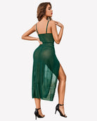 Dark green mesh nightdress with lace-trimmed side split and thin back straps