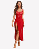 Red lace chemise nightdress with sheer mesh and thigh-high side split, V-neck