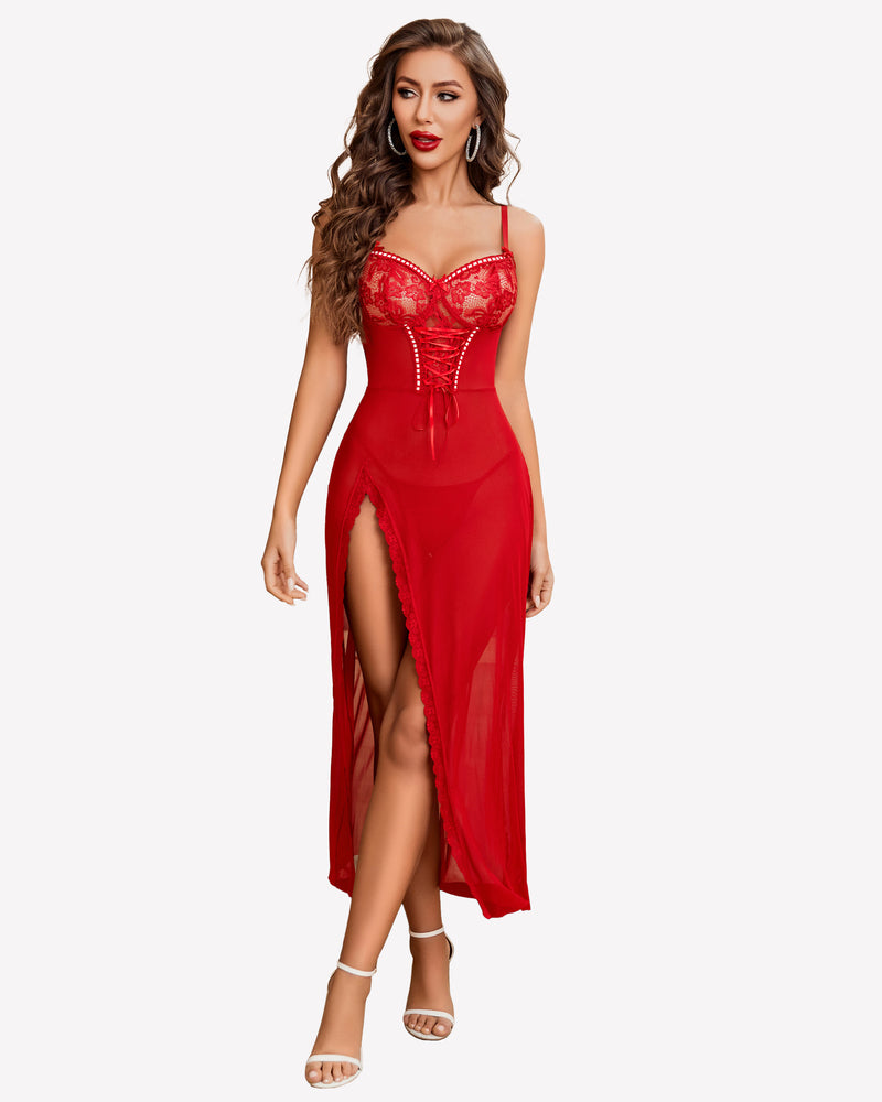 Red lace chemise nightdress with sheer mesh and thigh-high side split, V-neck