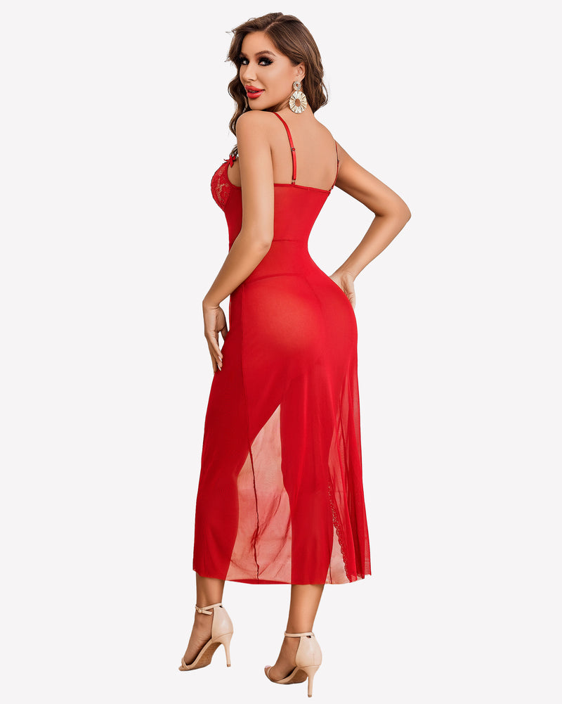 Red mesh nightdress with floral lace bust detail and side split hem