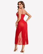 Red mesh nightdress with floral lace bust detail and side split hem