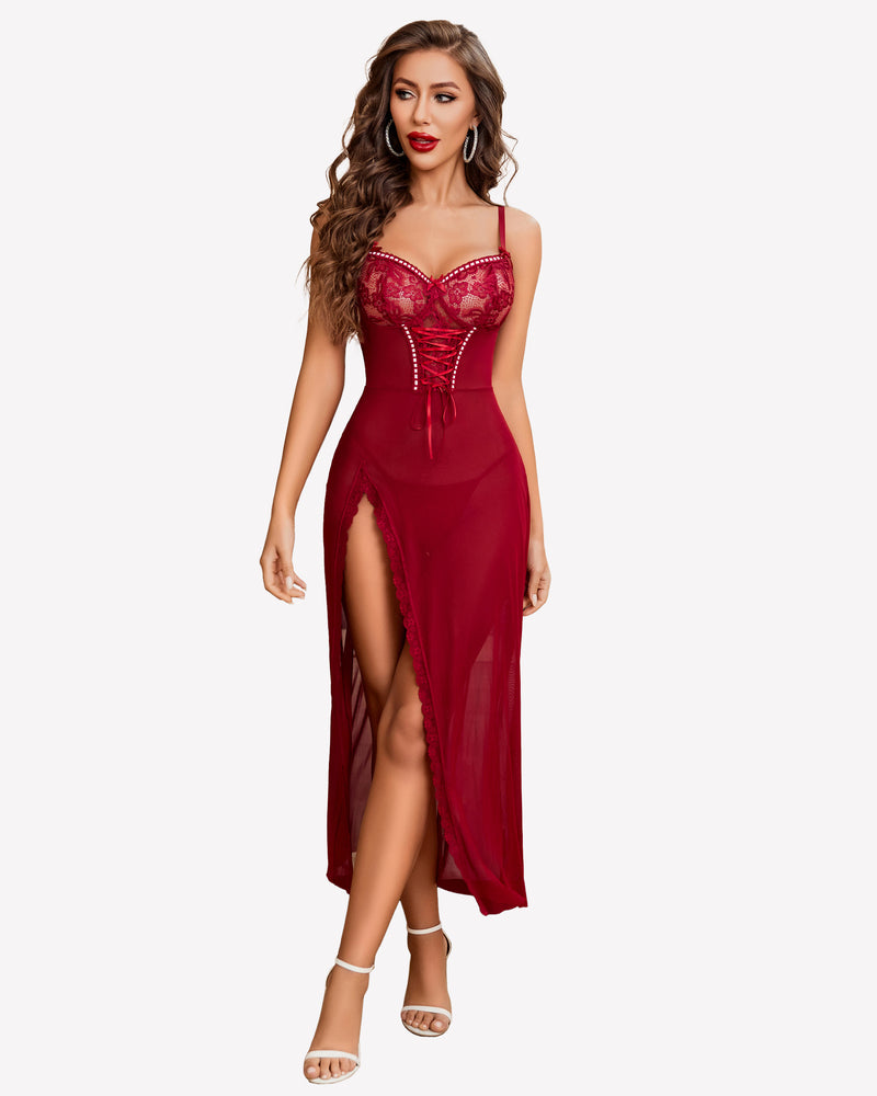 Red lace chemise nightdress with sheer mesh overlay and long side split