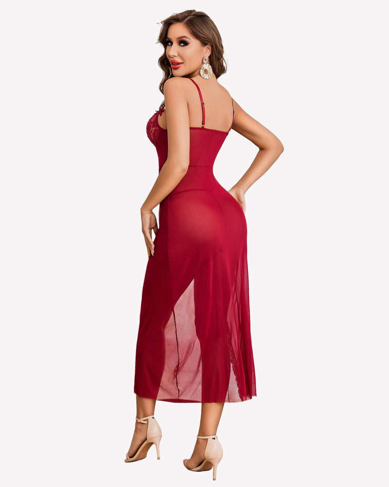 Red mesh nightdress with lace back straps and sheer side split skirt