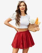 Lace pleated skater skirt in red with lace texture and flared ruffle hem