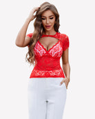 Red lace mesh sheer blouse top with floral pattern, short sleeves, scalloped neckline