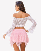 Pink layered asymmetrical short skirt with draped lace ruffle back and uneven hem