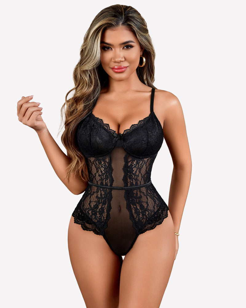 Black lace bodysuit with underwire cups, halter straps, and sheer midsection