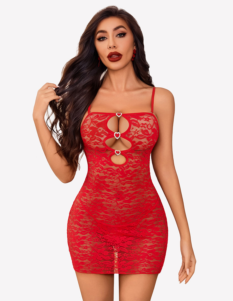 Red lace cutout chemise with heart ring cutouts and thin straps