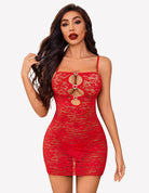 Red lace cutout chemise with heart ring cutouts and thin straps