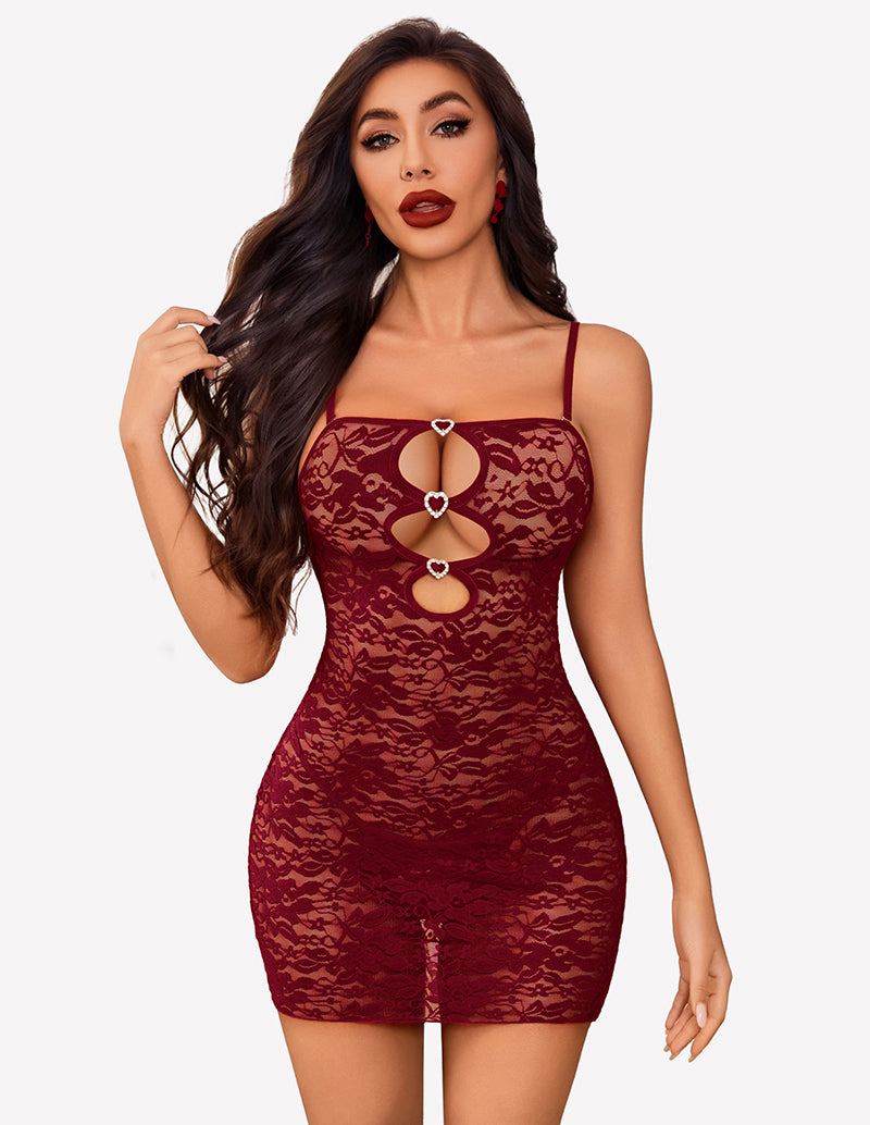 Wine red lace chemise mini dress with heart cutouts on chest and spaghetti straps
