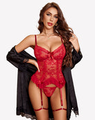 Red lace corset lingerie set with matching panty and garter straps with bow