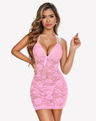 Pink lace halter V-neck mini dress with center bow and floral lace pattern