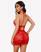 Red lace halter V-neck mini sleep dress with ribbon bow and scalloped hem