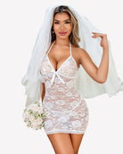 White lace halter V-neck mini sleep dress with ribbon bow and sheer floral lace