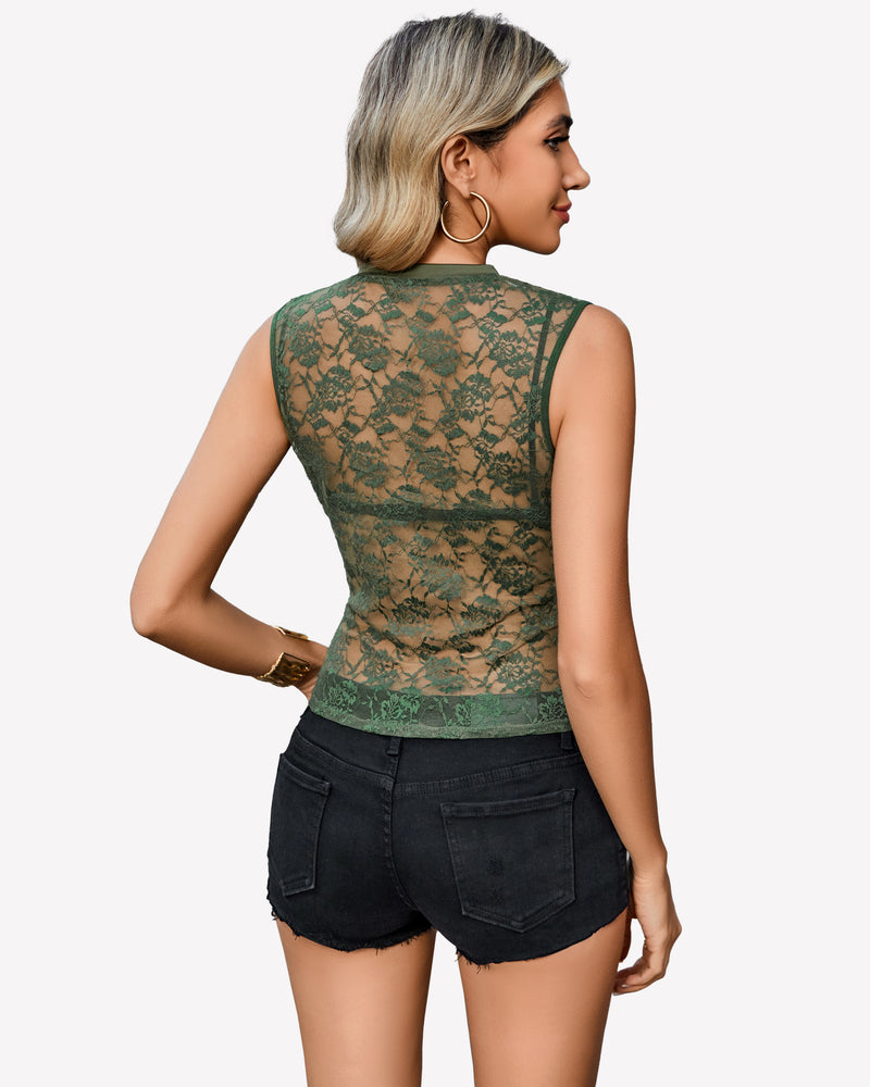 Army green sheer floral lace tank top back view, sleeveless high neck