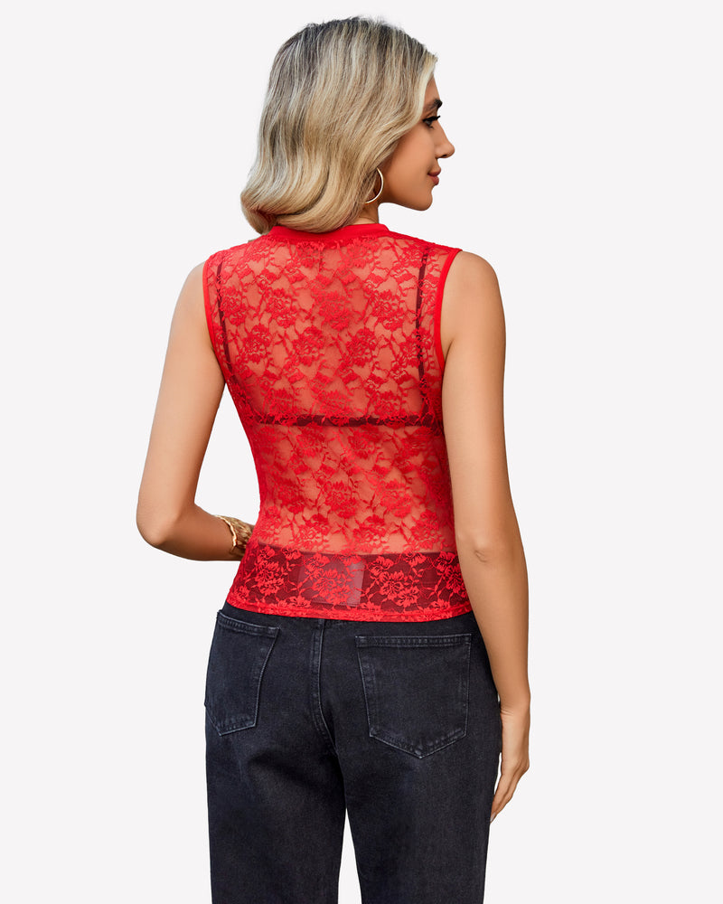Red sheer floral lace tank top back view with V yoke and sleeveless high neck