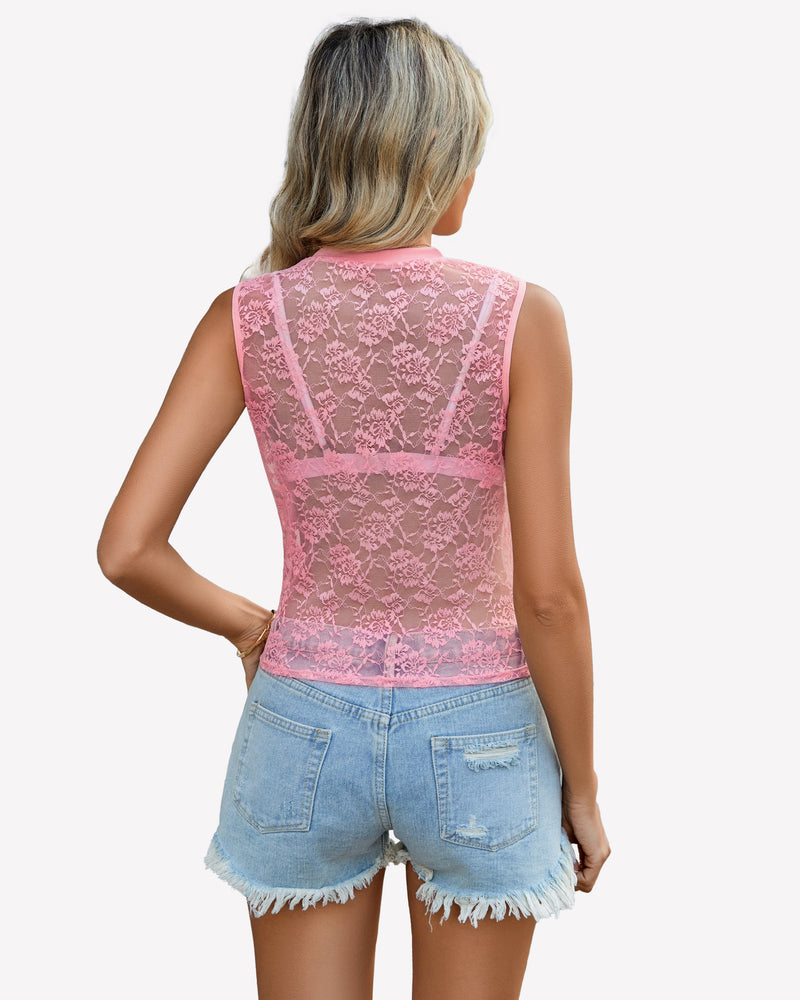 Pink sheer floral lace tank top back view with sleeveless high neck lace panel