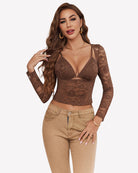 Brown mesh long-sleeve crop top with underwire triangle bra and lace overlay