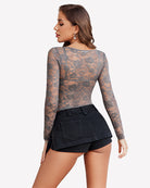 Dark grey mesh long-sleeve crop top with lace back and underwire bra