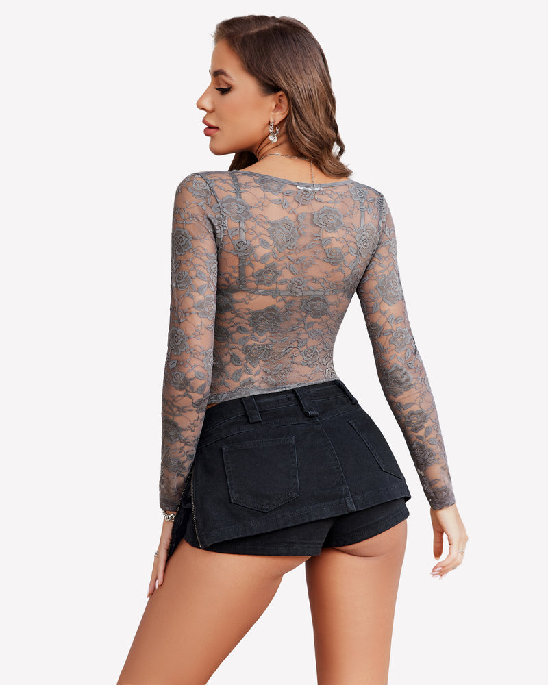 Dark grey mesh long-sleeve crop top with lace back and underwire bra