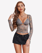 Dark grey mesh long-sleeve crop top with underwire triangle bra and lace overlay