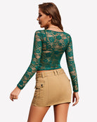 Mesh long sleeve crop top and bra set, dark green floral lace overlay