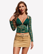 Lake green mesh long-sleeve crop top with underwire triangle bra and lace overlay