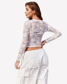 Mesh long sleeve crop top and bra set, white floral lace long sleeves