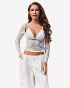 Mesh long sleeve crop top and bra set, white floral lace with underwire bra