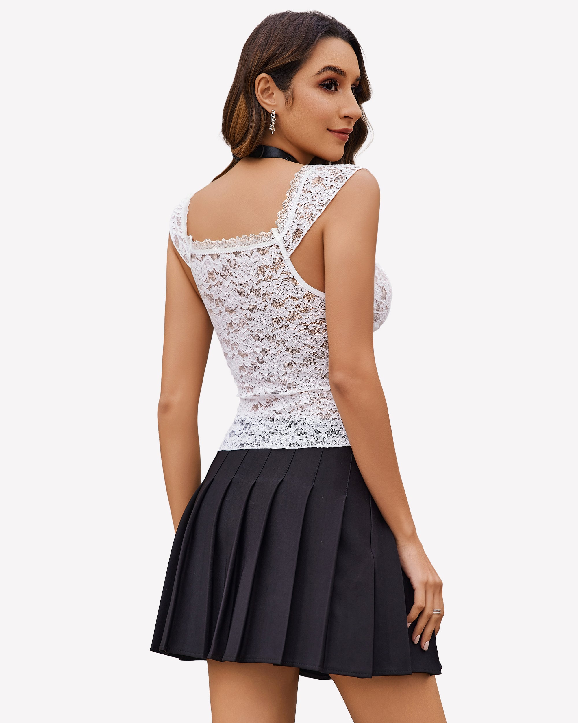 White lace V-neck crop top with open-back design and lace overlay