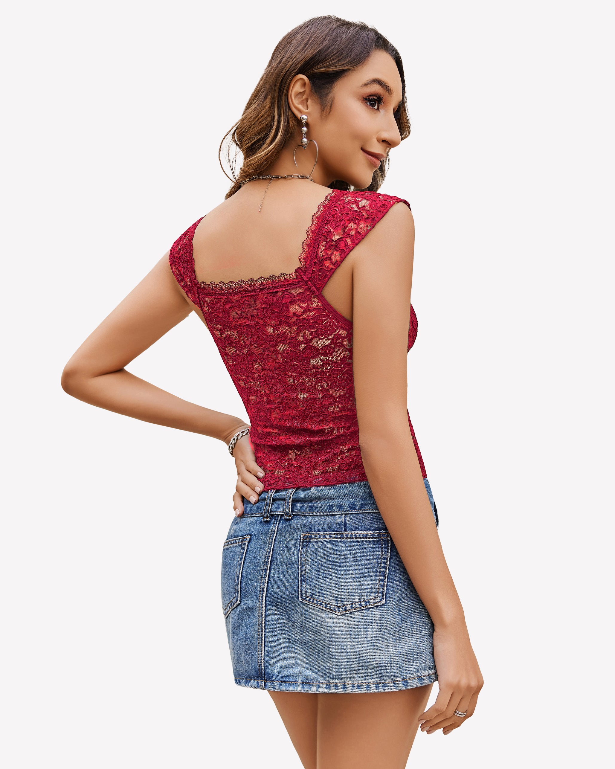 Wine red lace V-neck crop top with open back and scalloped lace trim