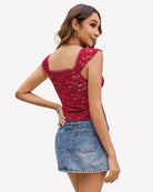 Wine red lace V-neck crop top with open back and scalloped lace trim