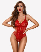 Red lace teddy bodysuit with scalloped cups and front lace-up detail