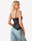 Back view black star sheer cami crop top with lace trim and adjustable shoulder straps.