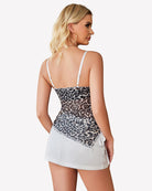 Back view leopard sheer cami crop top with white lace trim and thin shoulder straps.
