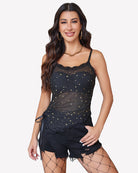 Dark star sheer cami crop top with lace neckline and drawstring tie waist.