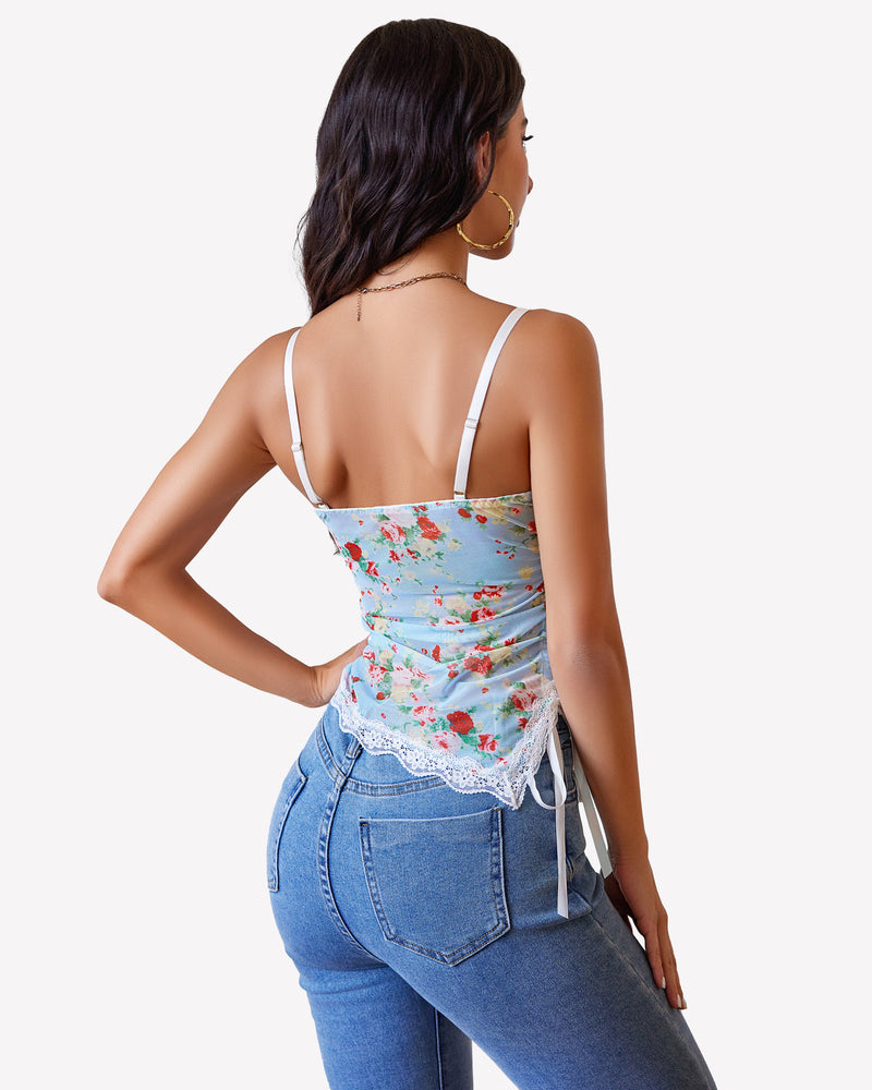 Floral sheer cami top with lace-trim back, spaghetti straps, and side drawstring ties