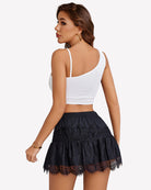 Black lace tier mini skirt with elastic waistband and scalloped lace hem