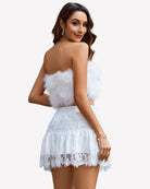 White short tiered skirt with lace trim hem and embroidered lace overlay