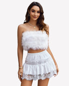 White lace trim contrast mini skirt with elastic waistband and scalloped lace hem