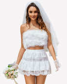 White short tiered lace-trim skirt with ruffled hem and eyelet lace detail