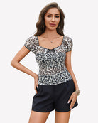Leopard print sheer mesh short sleeve top with square neckline and puff sleeves