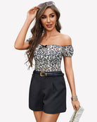 Leopard print sheer mesh off-shoulder top with short gathered sleeves