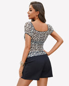 Leopard print sheer mesh short sleeve top with scoop back