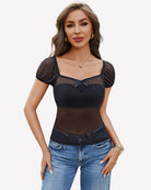 Black sheer mesh short sleeve top with square neckline and puff sleeves