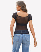 Black sheer mesh short sleeve top, scoop back design with puff sleeves
