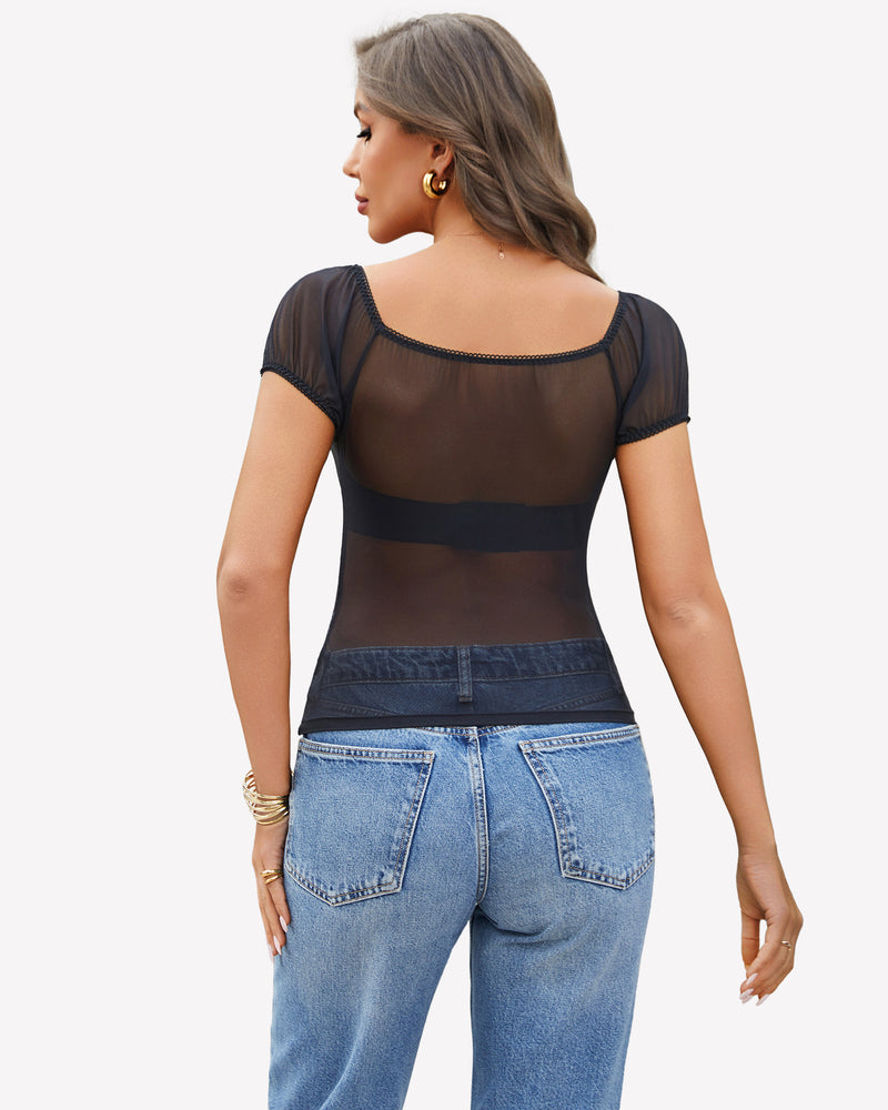 Black sheer mesh short sleeve top, scoop back design with puff sleeves