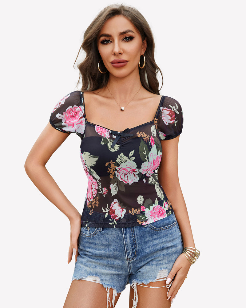 Floral print sheer mesh short sleeve top with square neckline and puff sleeves
