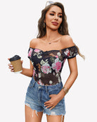 Floral print sheer mesh off-shoulder top with ruffled short sleeves
